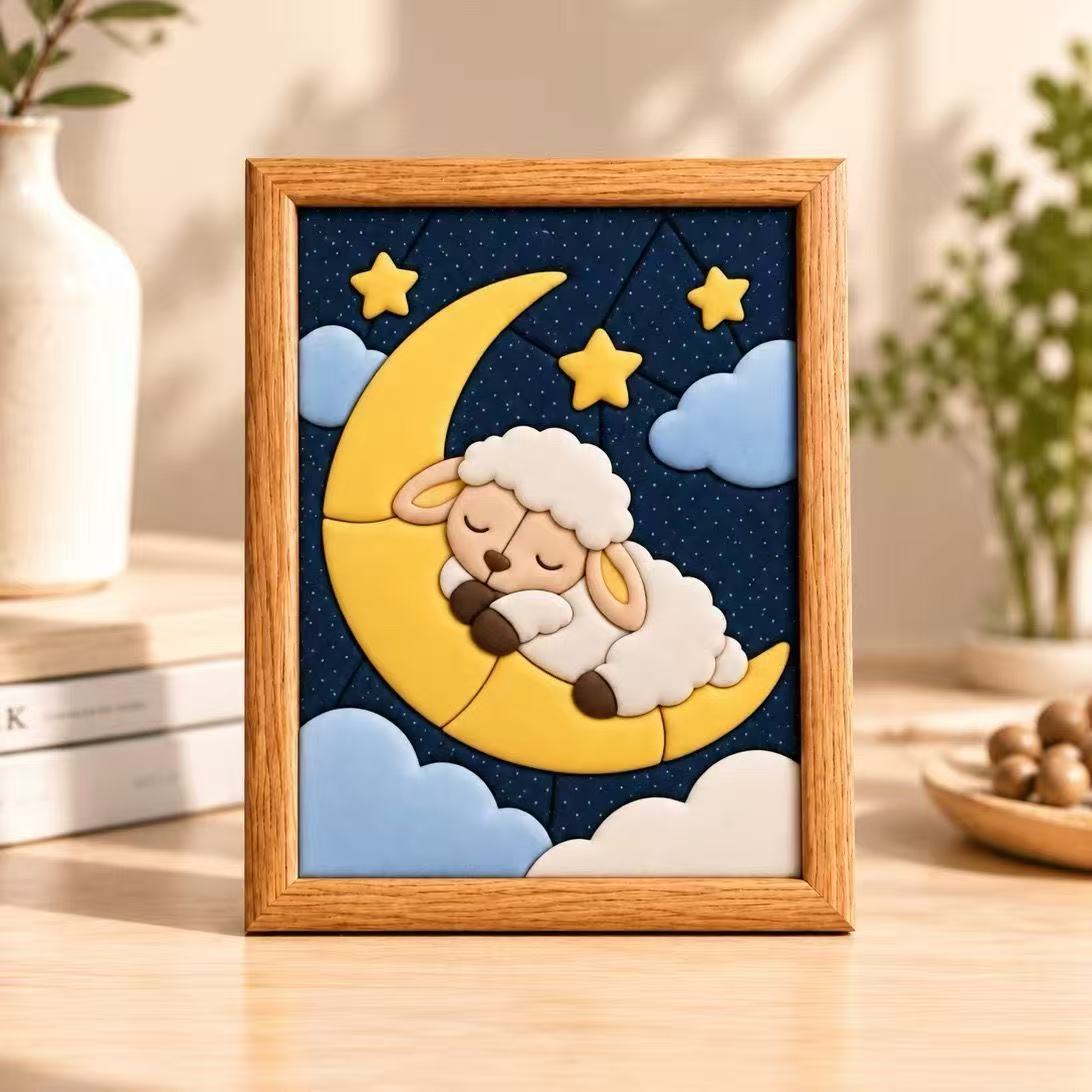 Sleepy Lamb & Crescent Moon Fabric Art